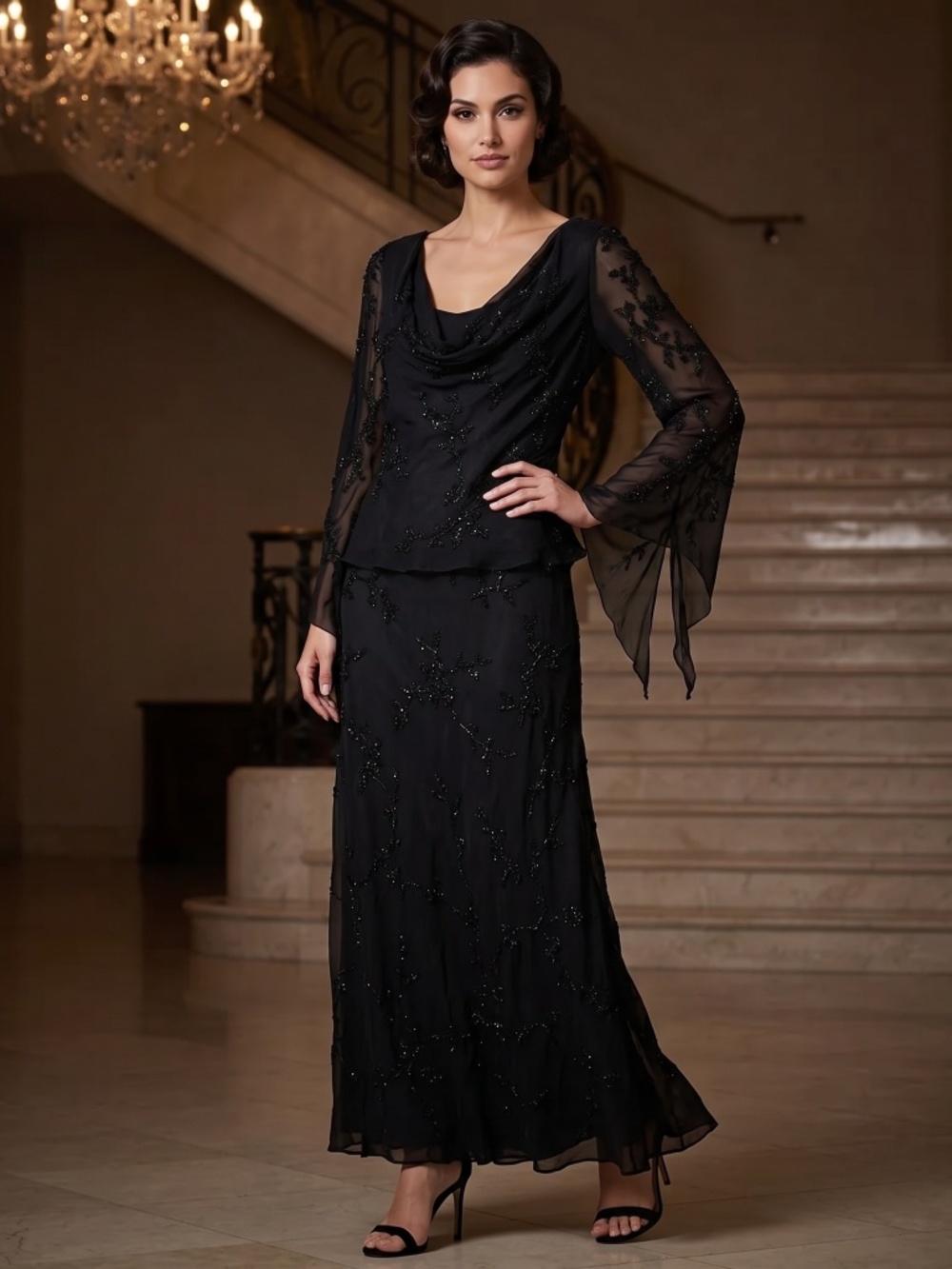 Scala Black Sheer beaded draped sleeve top, and long skirt medium $1000 MSRP